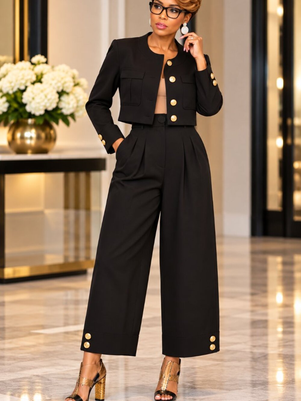 Black High Waist Cropped Wide Leg Pants Gold Button Detail Size L 8/10 - Picture 1 of 7